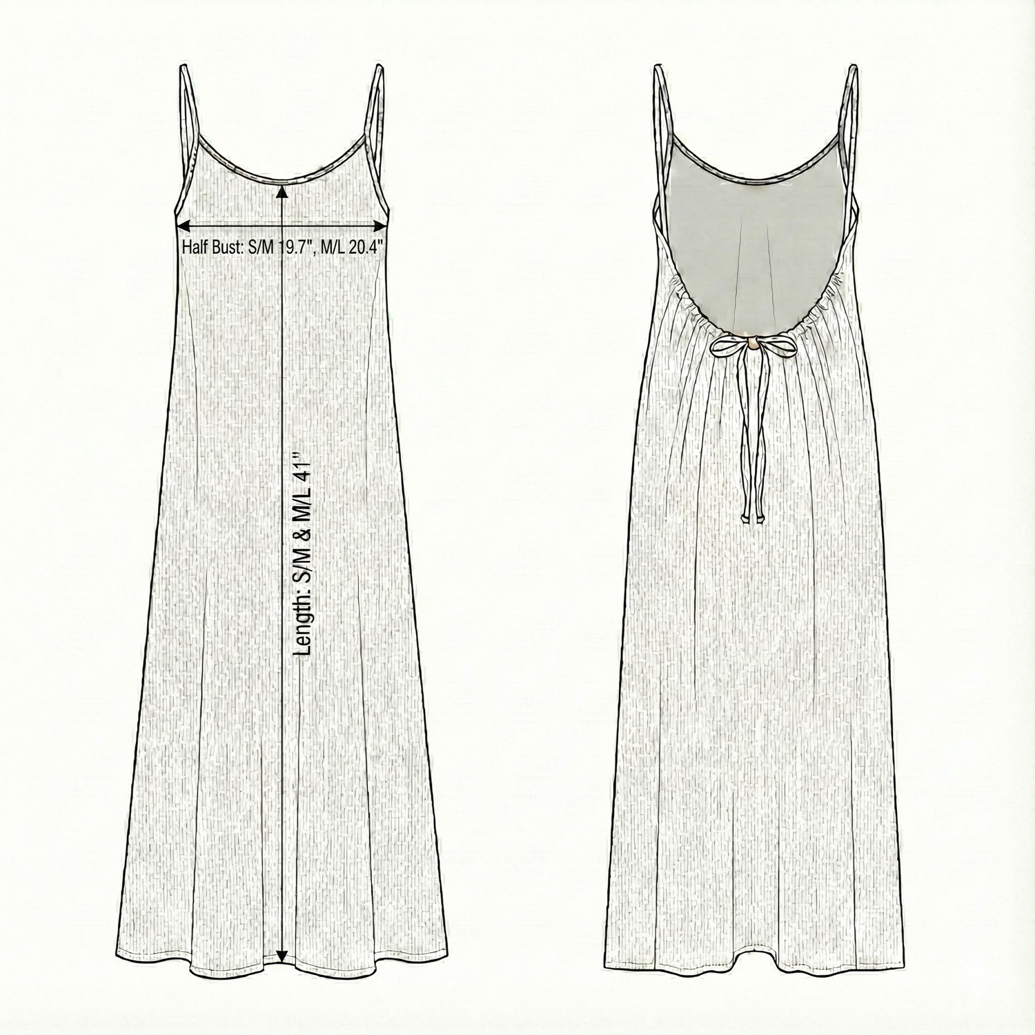 Size chart for Aura Low Back Maxi Dress - Oatmeal